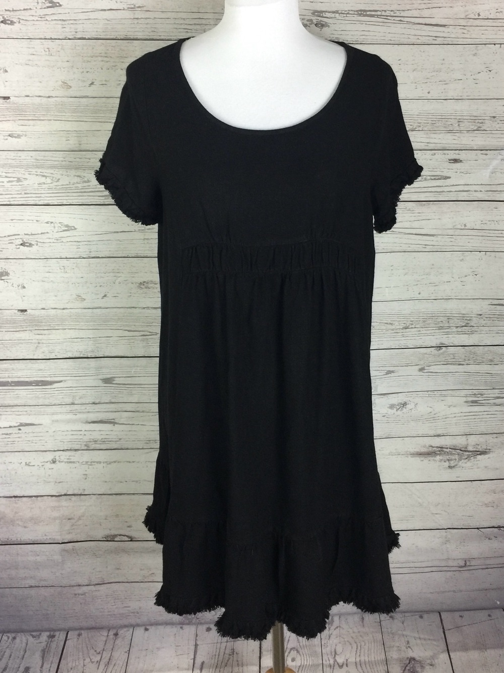 Umgee Black Fringe Hem Short Sleeve Linen Blend Tunic Dress Size M
